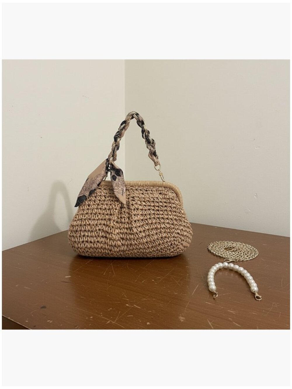 Straw Clutch Crossbody Bag with Pearl Chain, Woven Dumpling Purse